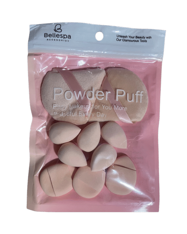 Set de 5 mini esponjas, 2 borlas triangulares y 3 mini borlas en tonos rosa, crema, marrón y morado para maquillaje diario