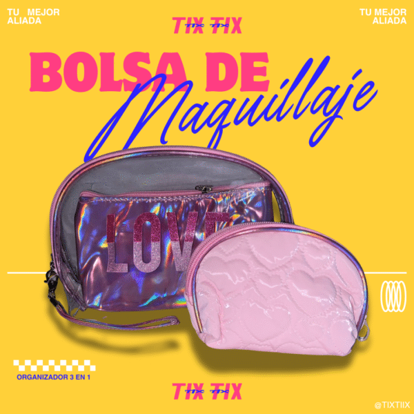 Bolsa de maquillaje 3 en 1 color rosa, lila, dorado y turquesa – organizador de viaje para cosméticos y artículos de tocador